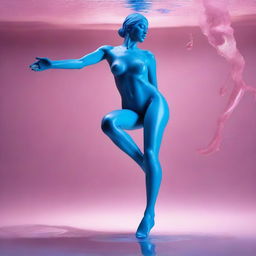 An ultrarealistic image, akin to a professional Canon photo, captures a nude woman in mid-jump from a pink wax lake