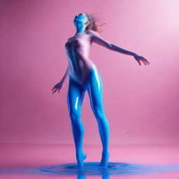 An ultrarealistic image, akin to a professional Canon photo, captures a nude woman in mid-jump from a pink wax lake