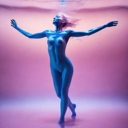 An ultrarealistic image, akin to a professional Canon photo, captures a nude woman in mid-jump from a pink wax lake