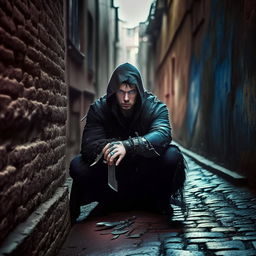 Stealthy Russian thief with black hair, blue eyes, in a torn black cloak, crouched in an alleyway, throwing knives in wrist sheathes, brick walls, cobblestone ground.