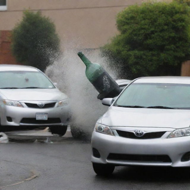 A dramatic scene where a bottle, thrown by a man, is mid-air colliding with a parked Toyota car.