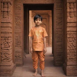 A young boy named Kartik standing gracefully in a beautifully detailed Ram temple, surrounded by intricate carvings and warm, inviting light.