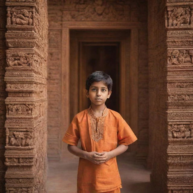 A young boy named Kartik standing gracefully in a beautifully detailed Ram temple, surrounded by intricate carvings and warm, inviting light.