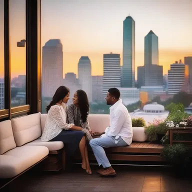 As the sun set over the city, the couple sat in the cozy seating area, holding hands and whispering sweet nothings to each other.