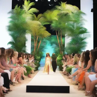 The fashion show featured a unique runway design with a seating area that resembled a tropical paradise.