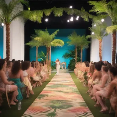The fashion show featured a unique runway design with a seating area that resembled a tropical paradise.