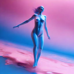 A highly detailed, isometric view image, akin to a professional Canon photo, captures a nude woman in mid-jump from a pink wax lake