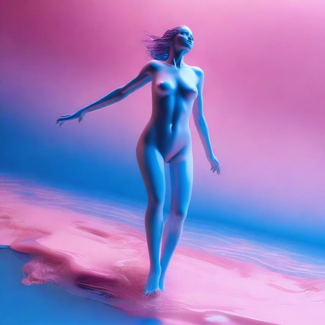 A highly detailed, isometric view image, akin to a professional Canon photo, captures a nude woman in mid-jump from a pink wax lake