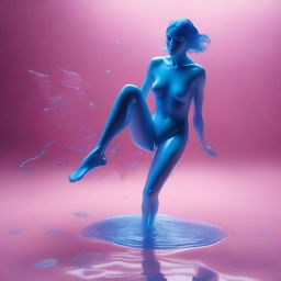 A highly detailed, isometric view image, akin to a professional Canon photo, captures a nude woman in mid-jump from a pink wax lake