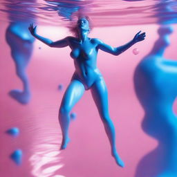 A highly detailed, isometric view image, akin to a professional Canon photo, captures a nude woman in mid-jump from a pink wax lake