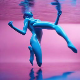 A highly detailed, isometric view image, akin to a professional Canon photo, captures a nude woman in mid-jump from a pink wax lake