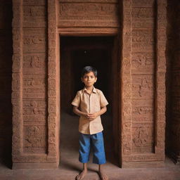 A young boy named Kartik standing gracefully in a beautifully detailed Ram temple, surrounded by intricate carvings and warm, inviting light.