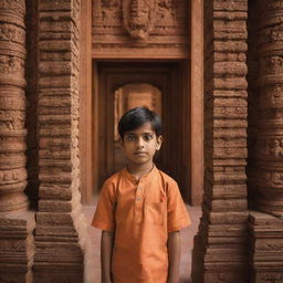 A young boy named Kartik standing gracefully in a beautifully detailed Ram temple, surrounded by intricate carvings and warm, inviting light.