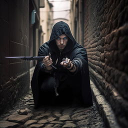 Stealthy Russian thief with black hair, blue eyes, in a torn black cloak, crouched in an alleyway, throwing knives in wrist sheathes, brick walls, cobblestone ground.