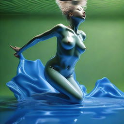 A highly detailed, isometric view image, akin to a professional Canon photo, captures a nude woman in mid-jump from an olive green wax lake