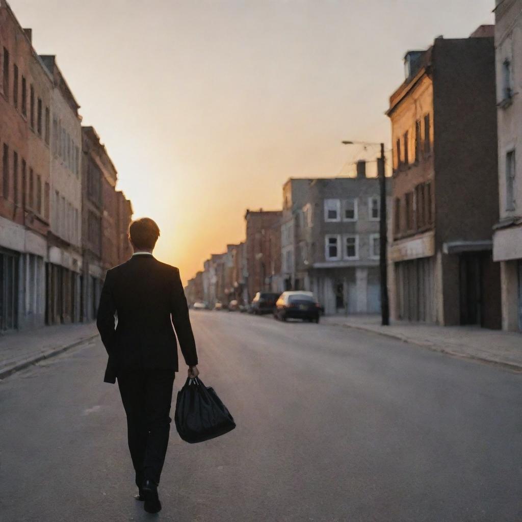 A man in a black suit walking down a deserted street at sunset, holding a bag in his hand.