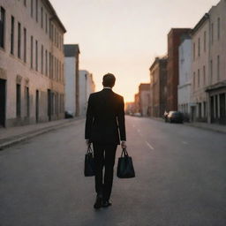 A man in a black suit walking down a deserted street at sunset, holding a bag in his hand.