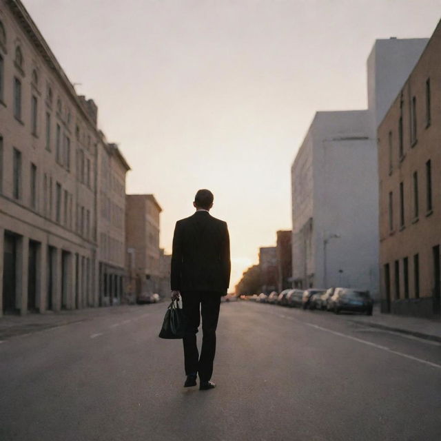 A man in a black suit walking down a deserted street at sunset, holding a bag in his hand.