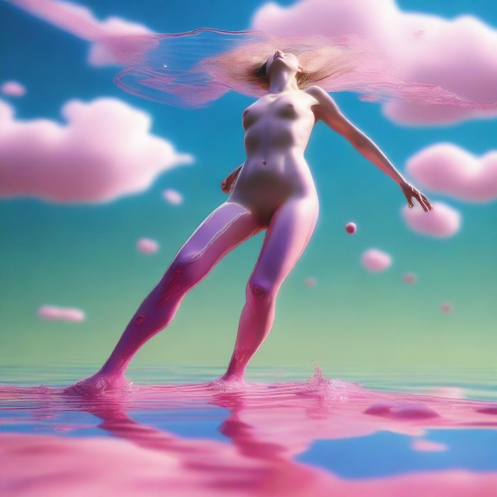 An ultrarealistic image, akin to a professional Canon photo, presents an isometric view of a nude woman in mid-jump from an olive-green wax lake