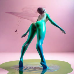 An ultrarealistic image, akin to a professional Canon photo, presents an isometric view of a nude woman in mid-jump from an olive-green wax lake