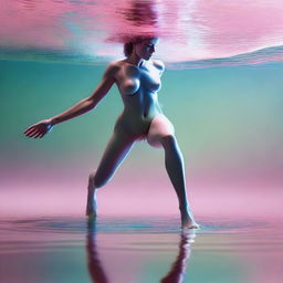 An ultrarealistic image, akin to a professional Canon photo, presents an isometric view of a nude woman in mid-jump from an olive-green wax lake