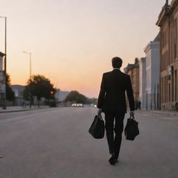 A man in a black suit walking down a deserted street at sunset, holding a bag in his hand.