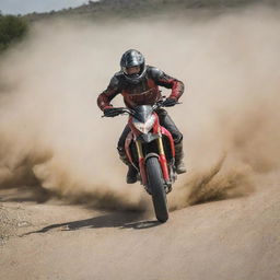 A man in a state of panic swiftly escaping the scene on a sleek Ducati motorcycle, leaving trails of dust behind him.