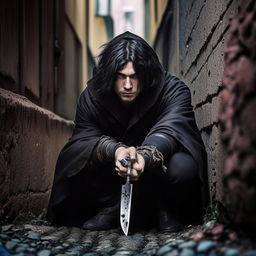 Stealthy Russian thief with black hair, blue eyes, in a torn black cloak, crouched in an alleyway, throwing knives in wrist sheathes, brick walls, cobblestone ground.