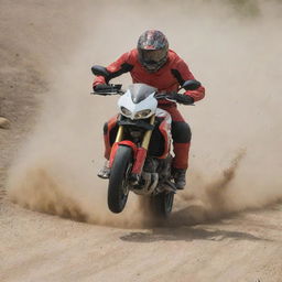 A man in a state of panic swiftly escaping the scene on a sleek Ducati motorcycle, leaving trails of dust behind him.