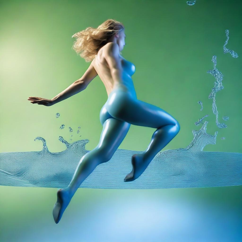 This is a professional Canon photo of an ultrarealistic image featuring an isometric view of a nude woman with soft, sugar-like skin in mid-jump from an olive-green wax lake