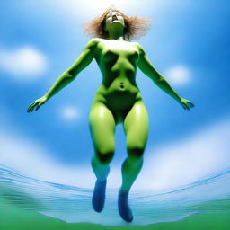 This is a professional Canon photo of an ultrarealistic image featuring an isometric view of a nude woman with soft, sugar-like skin in mid-jump from an olive-green wax lake