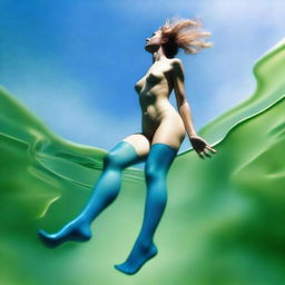 This is a professional Canon photo of an ultrarealistic image featuring an isometric view of a nude woman with soft, sugar-like skin in mid-jump from an olive-green wax lake