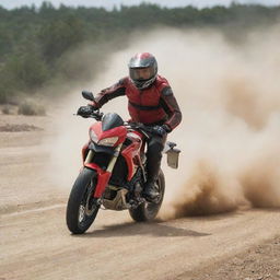 A man in a state of panic swiftly escaping the scene on a sleek Ducati motorcycle, leaving trails of dust behind him.