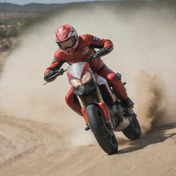 A man in a state of panic swiftly escaping the scene on a sleek Ducati motorcycle, leaving trails of dust behind him.