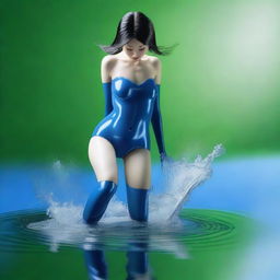 This is a professional Canon photo of an ultrarealistic scene, featuring an isometric view of a nude woman with soft, sugar-like skin and black Japanese hair, in mid-jump from an olive-green wax lake