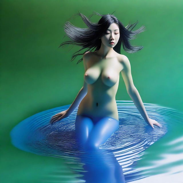 This is a professional Canon photo of an ultrarealistic scene, featuring an isometric view of a nude woman with soft, sugar-like skin and black Japanese hair, in mid-jump from an olive-green wax lake