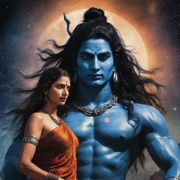 A powerful, fierce image of Lord Shiva gazing at a ruthless man attempting to harm an older woman, set against the stunning backdrop of the universe.