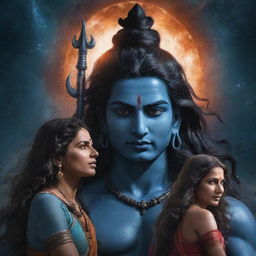 A powerful, fierce image of Lord Shiva gazing at a ruthless man attempting to harm an older woman, set against the stunning backdrop of the universe.