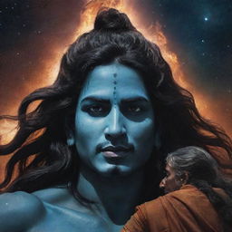 A powerful, fierce image of Lord Shiva gazing at a ruthless man attempting to harm an older woman, set against the stunning backdrop of the universe.