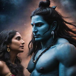 A powerful, fierce image of Lord Shiva gazing at a ruthless man attempting to harm an older woman, set against the stunning backdrop of the universe.