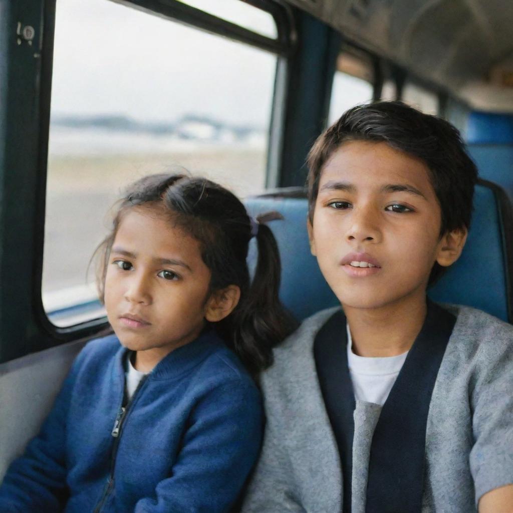 A boy and a girl seated opposite each other on a moving bus, their expressions subtly conveying affection.