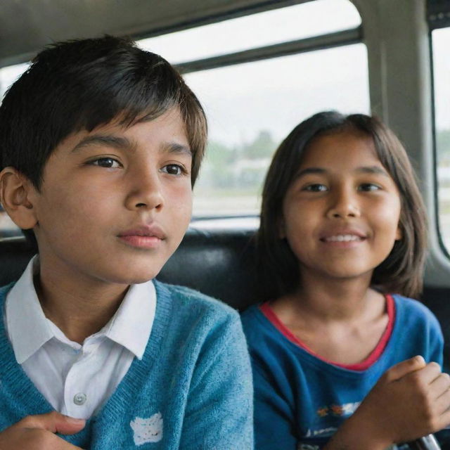 A boy and a girl seated opposite each other on a moving bus, their expressions subtly conveying affection.