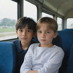 A boy and a girl seated opposite each other on a moving bus, their expressions subtly conveying affection.