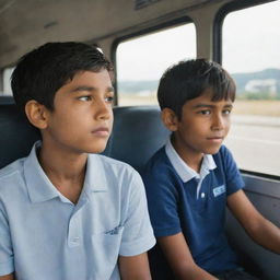 A boy and a girl seated opposite each other on a moving bus, their expressions subtly conveying affection.