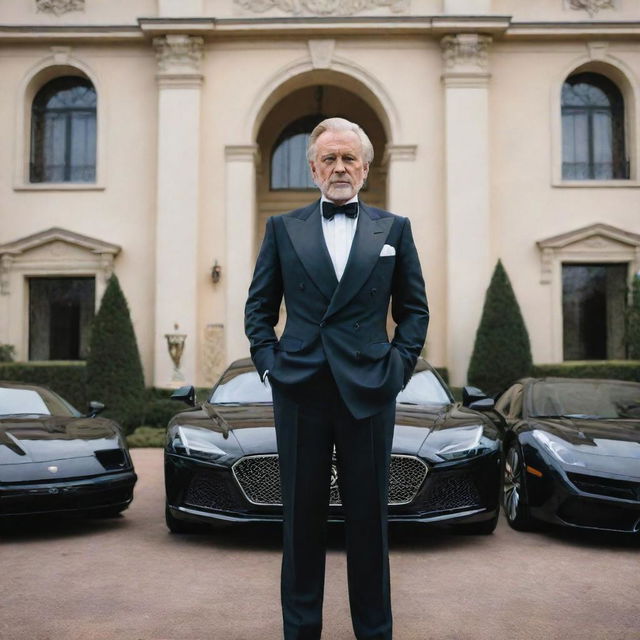 An opulent portrait of a wealthy man, elegantly dressed, standing in the backdrop of his opulent mansion surrounded by his collection of luxury cars.