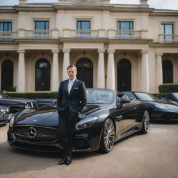 An opulent portrait of a wealthy man, elegantly dressed, standing in the backdrop of his opulent mansion surrounded by his collection of luxury cars.