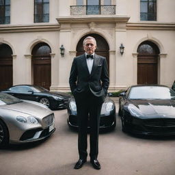 An opulent portrait of a wealthy man, elegantly dressed, standing in the backdrop of his opulent mansion surrounded by his collection of luxury cars.