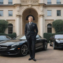 An opulent portrait of a wealthy man, elegantly dressed, standing in the backdrop of his opulent mansion surrounded by his collection of luxury cars.