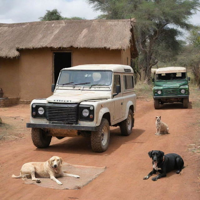 Rustic Kenyan village homestead, with an old Land Rover Defender and dogs milling about. A woman is seen working on a mat.