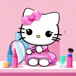 A digital art image of Hello Kitty applying makeup